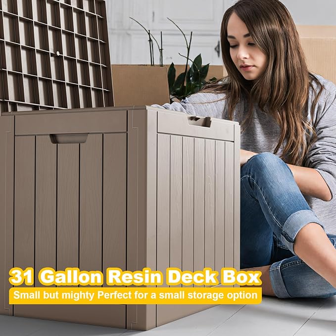 ROJIK Outdoor Storage Housing Deck Box-Waterproof Patio Furniture,Garden Tools,Cushions,Pool Accessories Storage Waterproof Resin Box with Capacity (31 Gal & Gray & 2pcs)