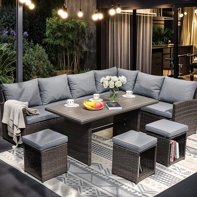 JOIVI Outdoor Patio Furniture Set, 7 Piece Patio Dining Sofa Set, Outdoor Sectional Couch Conversation Set All Weather Wicker Rattan Aluminum Desktop Dining Table & Chair with Ottomans, Gray Cushion