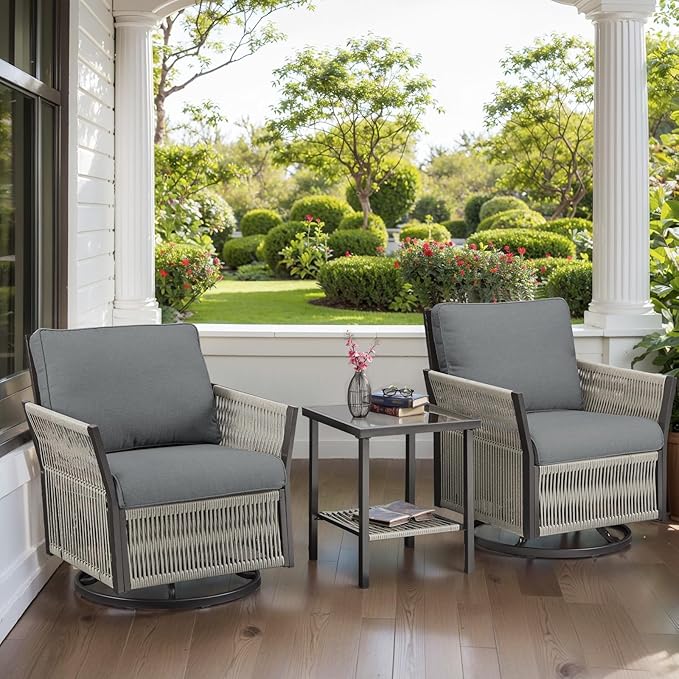 Patio Wicker Chairs Swivel Rocker, Outdoor Swivel Rocking Chairs Set of 2 with Rattan Side Table, 3 Piece Patio Swivel Glider Chair Patio Furniture Sets for Deck Porch Backyard (Grey)