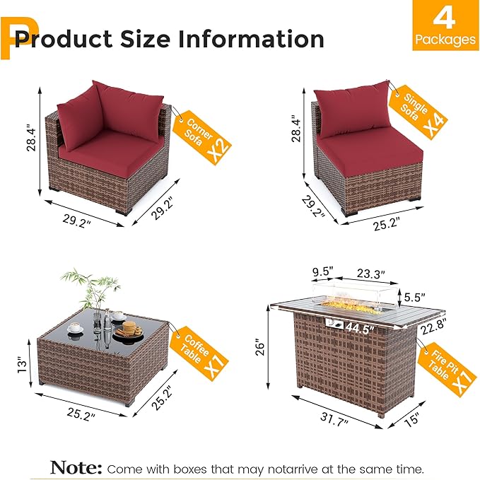 UDPATIO Outdoor Patio Furniture Set with Fire Pit Table, 8 Piece Outdoor Sectional Sofas, All-Weather Wicker Patio Conversation Set for Garden, Backyard Wine