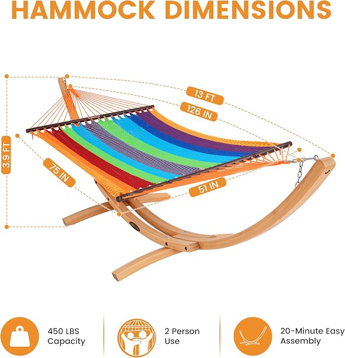 Lazy Daze Hammocks 2 Person Caribbean Rope Hammock with Wood Stand, 10.5FT Polyester Hammock with Spreader Bars, 13FT Heavy Duty Stand Combo, 450 LBS Capacity for Outdoor Backyard Poolside, Multicolor