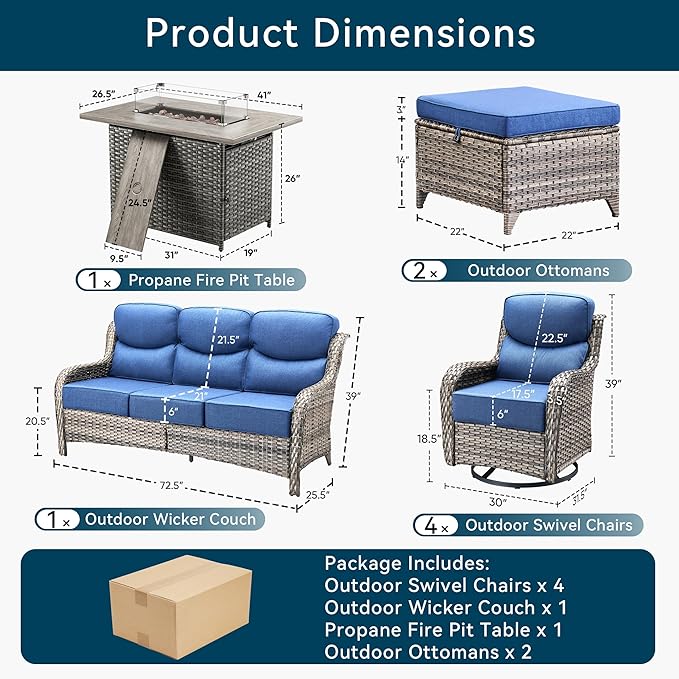 Luxury Patio Furniture Set with Fire Pit Table-8 Pieces All Weather Outdoor Swivel Rocker Chairs with Sofa and Ottomans. Outdoors Patio Conversation Sets for Porch Deck Garden Backyard(Grey/Blue)