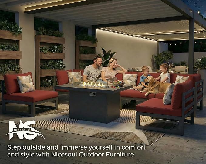 NICESOUL 9 Pcs Modern Aluminum Outdoor Patio Furniture Set with Fire Pit Table Propane/Gas, 29" Wide Deep Seat, Fade Resistant Large Sectional Sofa, 500 lbs Heavy Duty Backyard Conversation Set, Red