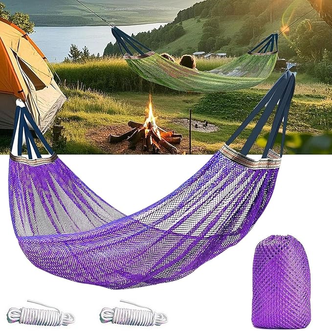 Camping Hammock Nylon Mesh Portable Hanging Bed Outdoor Hammock for Adults 440lbs Capacity, Anti-Roll Breathable Hammocks for Hiking Travel Beach Garden Backpacking(Purple)