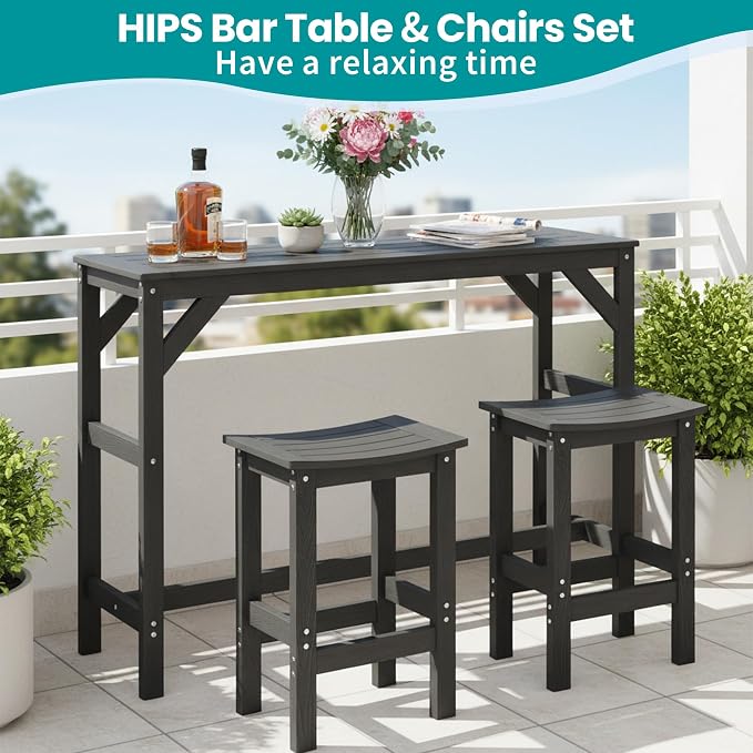 3Pcs Poly Lumber Outdoor Patio Bar Set, All Weather HIPS Bar Table and Chairs Set for Outside, 55" Rectangular High Top Bar Table with 2 Bar Stools for Patio, Poolside, Balcony, Hot Tub, Black