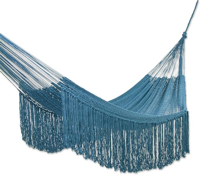 NOVICA Turquoise Blue Cotton 1001 Summer Nights Mayan Hammock from Mexico 'Caribbean Blue Cascade'