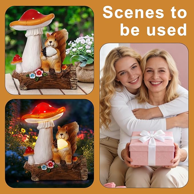 Solar Garden Statue Outdoor Decor, Squirrel & Mushroom Figurines with LED Lights, Yard Decorations for Patio, Balcony, Backyard, Lawn Ornaments, Unique Gift for Women, Mom, Grandma