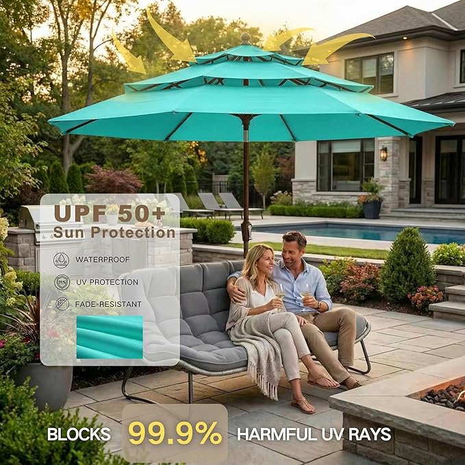 Kingdura 9ft 3-Tier Patio Umbrella, Outdoor Table Umbrella with Easy Crank & Tilt, 8 Reinforced Ribs, UV Protection for Deck, Pool, Market, Backyard (Tiffany blue)