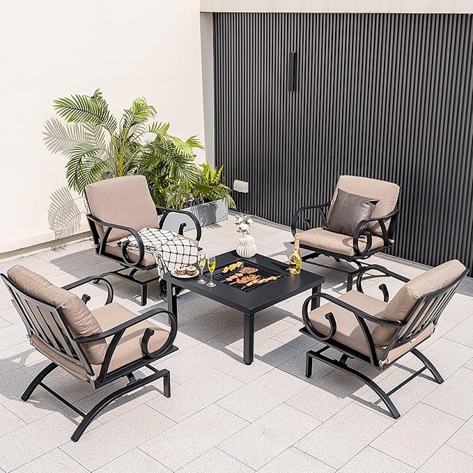 Tangkula 5 Piece Patio Dining Set, Heavy-Duty Rocking Chairs with 4-in-1 Fire Pit Table, Soft Seat & Back Cushions, Gentle Rocking Design, Outdoor Conversation Set for Backyard, Porch (Brown)