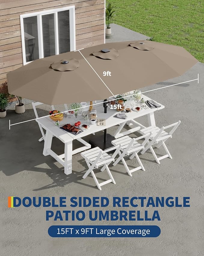 GarveeLife 15 ft Large Patio Umbrella with Lights, 36 LED Lights Double-sided Patio Umbrella with Weighted Base for Poolside Garden Backyard