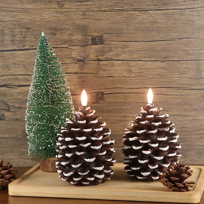 LED Flameless Pinecone Candles with 6H Timer, Waxy Pillar Candles, Christmas Candle 2 Pack Flickering Acorn Decor Woodsy for Fall Christmas Decor(Brown, 3.5 x 6 Inch)