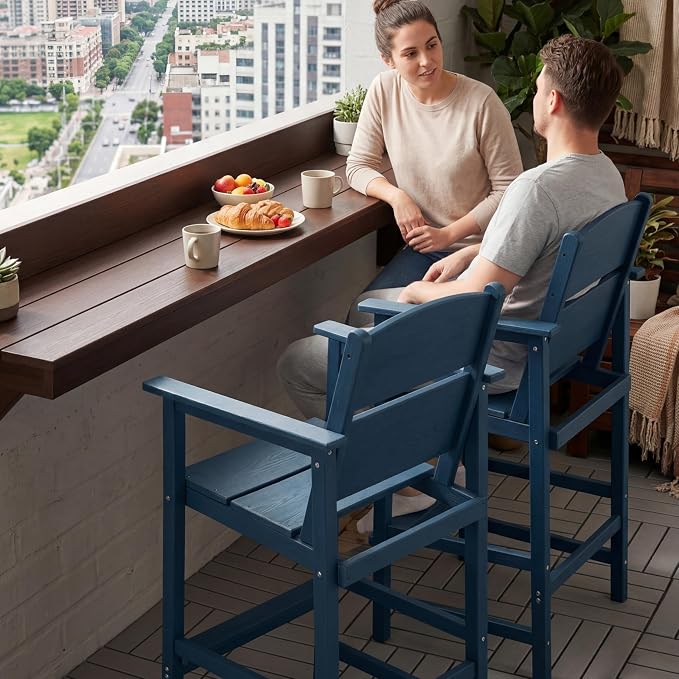 2 Pack Outdoor Bar Stools, HDPE Patio Bar Chairs with Armrests & Footrest, Weather Resistant All-Weather Counter Height Chairs for Outdoor Deck, Backyard, Poolside,Blue