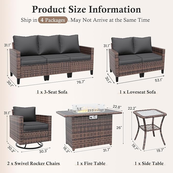 Amopatio Patio Furniture Set, 6-Piece Wicker Outdoor Sectional Sofa with Swivel Rocker Chairs, All-Weather Rattan Conversation Set with Fire Pit Table and Waterproof Cover for Backyard Brown/Grey
