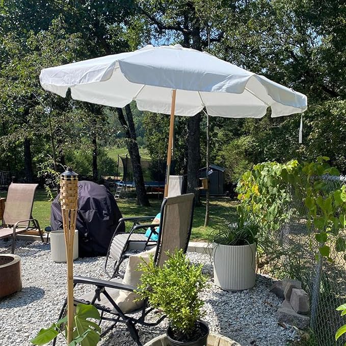 AMMSUN 7.8ft Seashore Umbrella, Outdoor Umbrella, Boho Beach & Patio Umbrella with UV 50+ Air Vent Ash Wood Pole Carry Bag & Water-Resistant Canvas (Antique White)