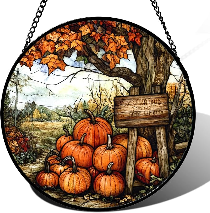 DASTOLL Stained Glass Window Hanging Fall Farm Scenery Maple Trees Pumpkin 7.8" - Suncatcher Door Garden Kitchen Sun Catcher Autumn Decor Birthday for Mom Nana Men Woman Friend
