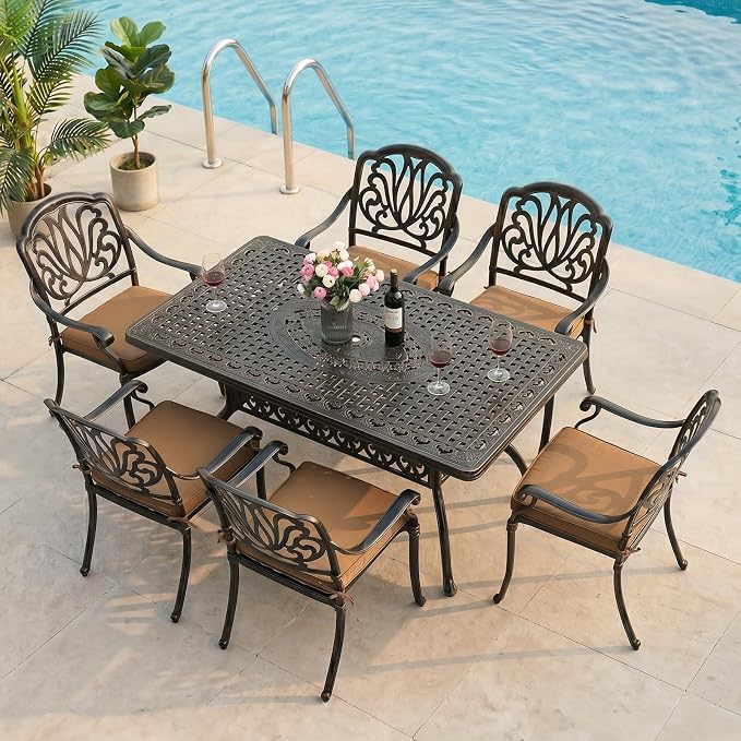 VIVIJASON 7-Piece Outdoor Furniture Dining Set, All-Weather Cast Aluminum Patio Conversation Set, Include 6 Cushioned Chairs and a Rectangle Table with Umbrella Hole for Balcony Lawn Garden Backyard