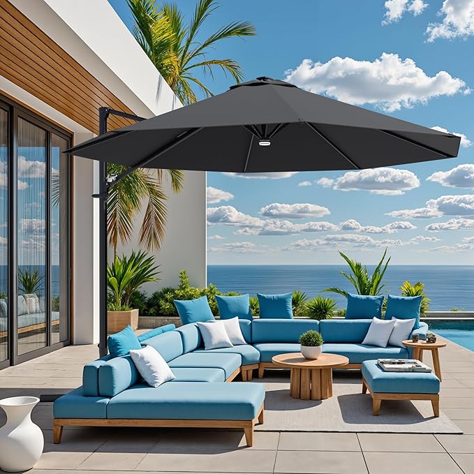 Greesum 10FT Outdoor Patio Umbrella with High Pedel and 4 Gear Heights, Large Offset Umbrella with Solar LED Lights and 360-degree Rotation, Without Base, Hanging Outdoor Shade for Garden, Black