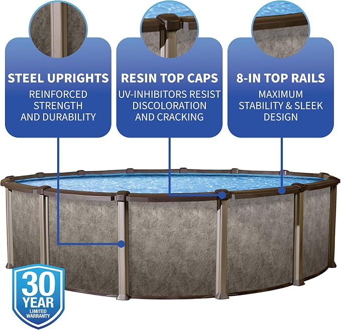 Blue Wave Riviera 24-ft Round 54-in Deep Hard Sided Above Ground Pool with Resin Top Seats, Steel Verticals, Dual-Speed Sand Filter System, Ladder, Liner, Skimmer & Maintenance Kit – 13,500 Gal Cap