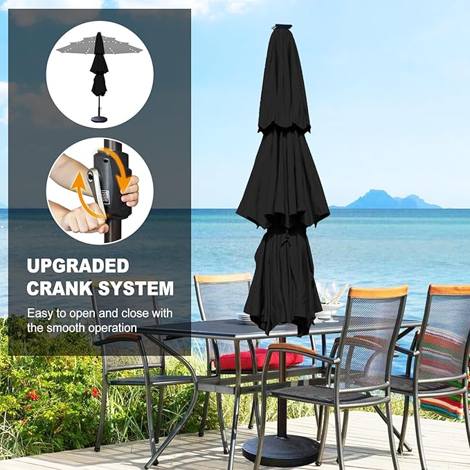 Eurmax USA 10-Year-Non-Fading 10FT 3-Tier Outdoor Patio Market Umbrella with LED Lights,UPF50+ UV Resistant,Commercial Grade,Crank Lift Design,Windproof Vented Top for Garden,Pool,Deck,Black