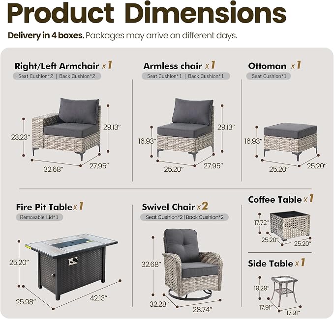 9-Piece Wicker Outdoor Sectional Furniture with Fire Pit, Wide Armrest Patio Couch Set Swivel Rocking Chair Ottoman Solar Table, Modular Conversation Sets for Backyard Deck Garden, Black
