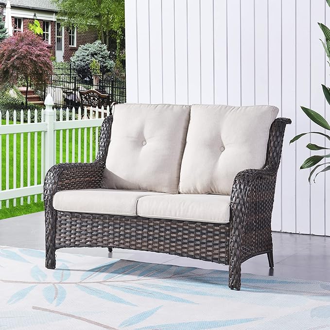 Rilyson Outdoor Loveseat Wicker Patio Sofa - 2-Seat Rattan Outdoor Couch Patio Furniture with Deep Seating and Comfortable Cushions for Outside Porch Deck Balcony(Brown/Beige)