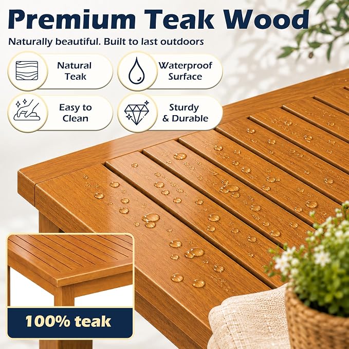 Outdoor Teak Coffee Table, 48" Wooden Patio Coffee Table with Protective Cover, Solid Teak Outdoor Coffee Table for Patio, Garden, Poolside, Balcony and Backyard