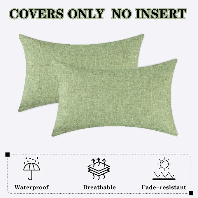 Kevin Textile Outdoor Waterproof 12”x20” Pillow Covers 2 Pack, Sage Green | Water Resistant, Soft Faux Linen-cotton Yarn-dyed Woven Texture Throw Pillow Covers for Tent Patio Garden Couch Sofa