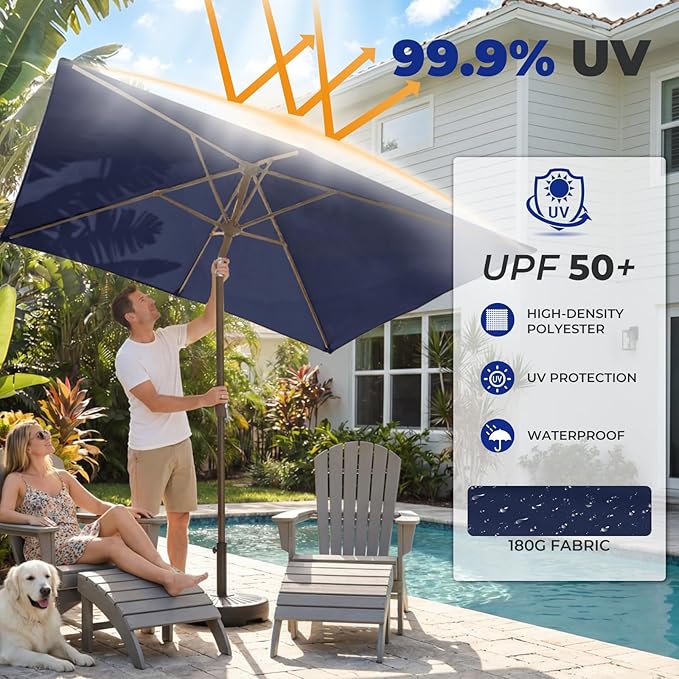 BRIOPAWS 6.5X10 FT Rectangular Patio Umbrella with Base Included | Rectangle Outdoor Umbrellas | 6 Sturdy Steel Ribs | Push Button Tilt & Crank | Heavy Duty for Garden Lawn Deck Backyard Pool |