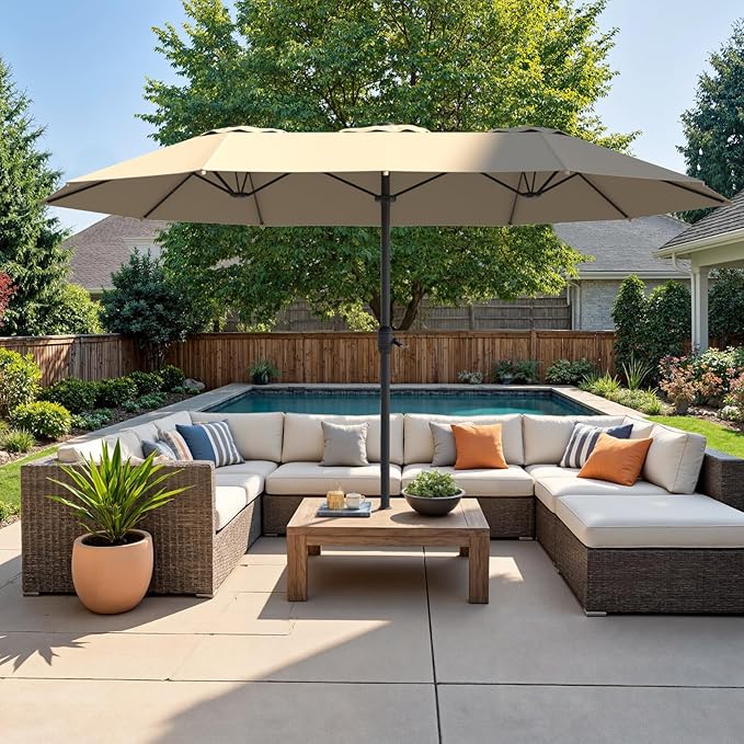 15ft Double-Sided Outdoor Patio Umbrella, Table Umbrellas with Steel Ribs, Easy Crank, Market Umbrella for Backyard & Pool