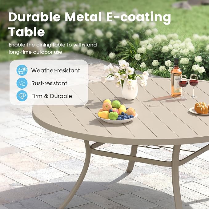 Patio Dining Table for 8-10, Round Metal Outdoor Table with 1.57" Umbrella Hole, 63" Outdoor Slat Tabletop Dining Table for Backyard, Porch, Lawn, Sand