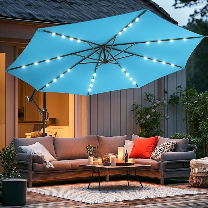 wikiwiki 10ft Solar LED Offset Patio Umbrella, Outdoor Cantilever Patio Umbrellas with Solor Lights for Backyard, Poolside and Garden, Easy Tilt Adjustment, 32 LED Lights & Polyester Shade, Sky Blue