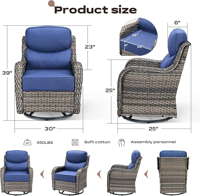 Rilyson Outdoor Patio Furniture Set - Weather Resistant Wicker,High Back,6 inch Cushions,6 Piece Patio Furniture Set with Swivel Rocker Chairs and Side Table for Deck Porch Yard,Mixed Grey/Blue