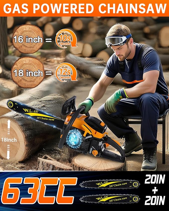 63CC Gas Powered Chainsaw 20 Inch, 2-Cycle Engine with 2 Chains & Bars, Heavy Duty Gas Chain Saw for Tree Felling, Logging, and Firewood Cutting (63CC – Yello)