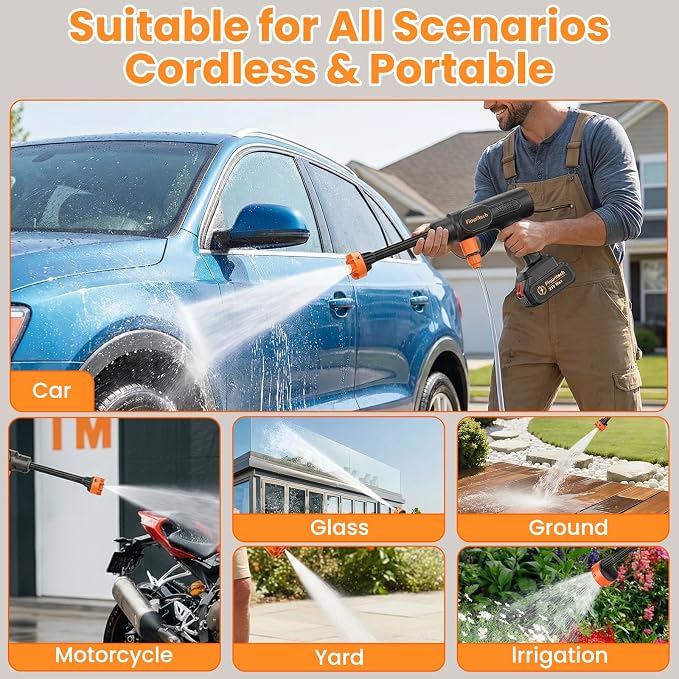 Cordless Pressure Washer, 1200 PSI Battery Powered Pressure Washer with 6-in-1 Nozzle, Portable Handheld Power Washer Cleaning Tool for Car Wash, Garden, Patio, Home