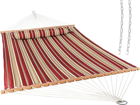 Sunnydaze Quilted Double Hammock for Outside with Spreader Bars and Pillow - 450 lb Capacity, 74x55 Inch Bed, UV Resistant, Quick Dry - Chains Included, Stand Sold Separately - Red Stripe