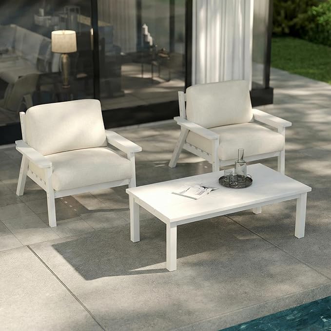 Patio Furniture Set with Washable Thick Beige Cushions, HDPE Outdoor Couch, All-Weather Outdoor Sectional Furniture, Patio Conversation Sets for Lawn, Garden, Porch (White Frame)
