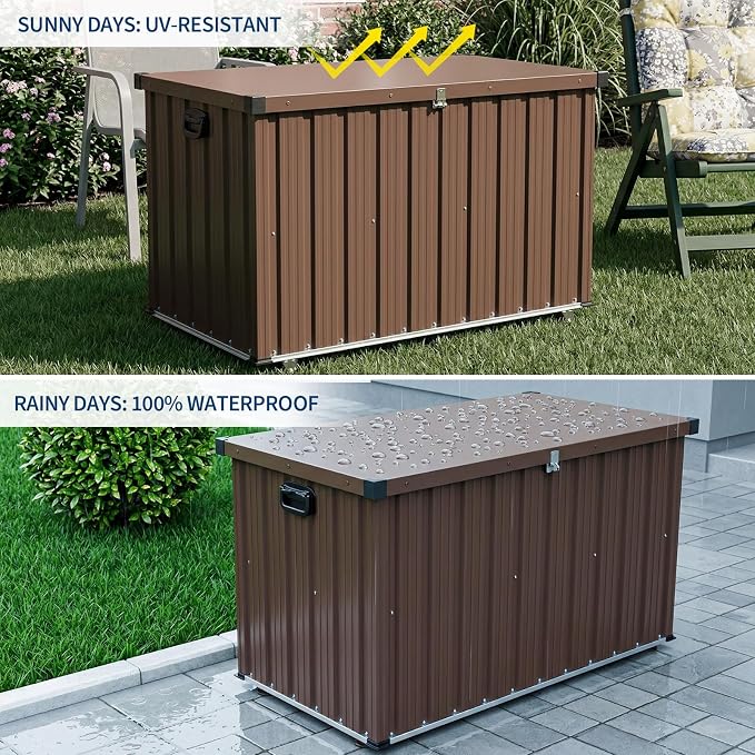 Metal Deck Box Outdoor Patio Storage Container with Wheels, 150 Gallon Heavy-Duty Steel Storage Chest Built with Galvanized Frame & Coated Panels, Large Weather-Resistant Bin for Deck, Porch, Pools