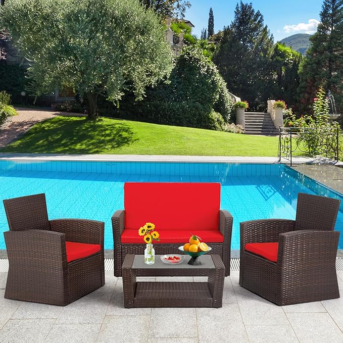 FDW 4 Piece Patio Furniture Sets, Wicker Conversation Set 4 All-Weather Outdoor Sectional Patio Sofa for Porch Deck with Red Cushion Brown Rattan Sofa Chair