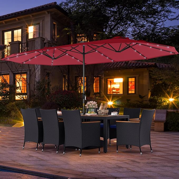 Tangkula 11 Pieces Patio Dining Set with Double-Sided Led Patio Umbrella (Base Included), with 8 Stackable Chairs, Acacia Wood Dining Table and Large Umbrella with Solar Lights (Burgundy + Navy)