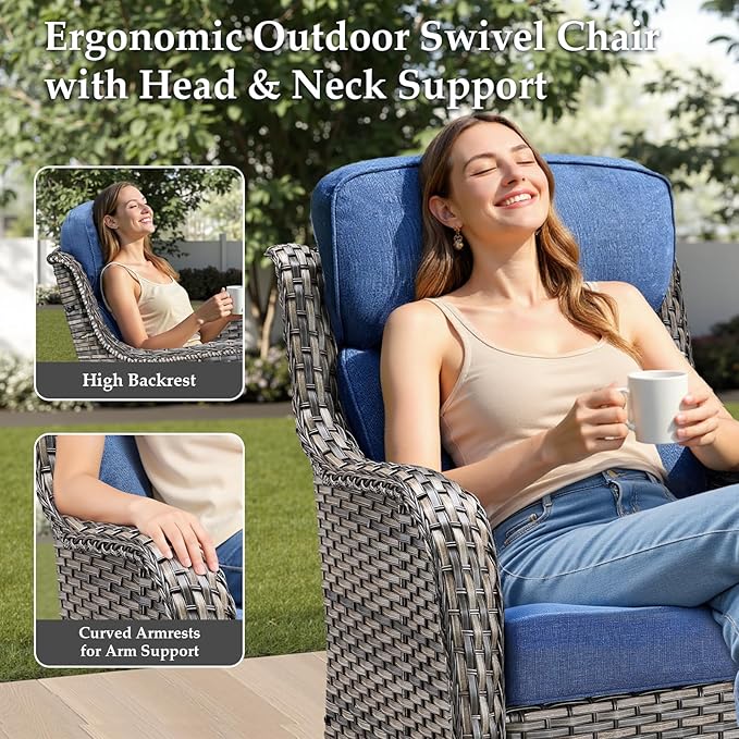 Luxury 7 Pieces Outdoor Patio Furniture Set-All Weather Wicker Outdoor Furniture with Swivel Rocker Patio Chairs 6-inch Extra Thick Cushions Wicker Conversation Set for Garden Porch(Grey/Blue)
