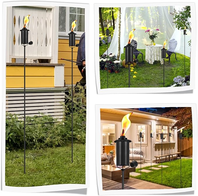 SNOGSWOG 6 Pack Garden Torches, 16 oz Metal Torch for Outside with 3-Prong Grounded Stake, Outdoor Decorative Citronella Torches, 59 inch Garden Décor Torches