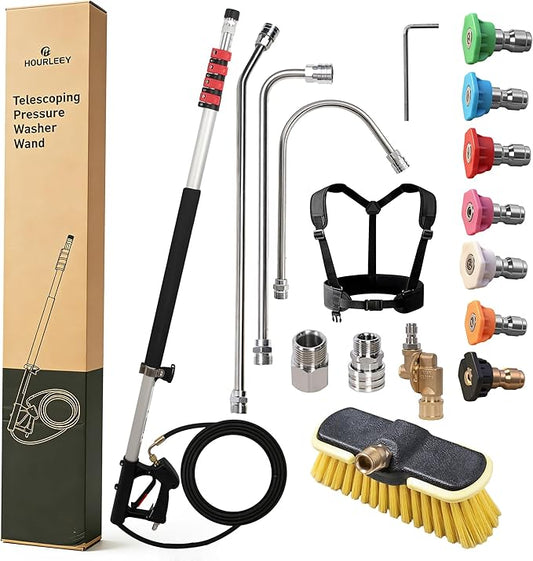 Hourleey 24 FT Telescoping Pressure Washer Wand, Power Washer Extension Wand with Brush Head, Gutter Cleaner, 3 Curve Wands, Adjustable Support Belt, Pivoting Coupler, 7 Spray Nozzles, 4000 PSI