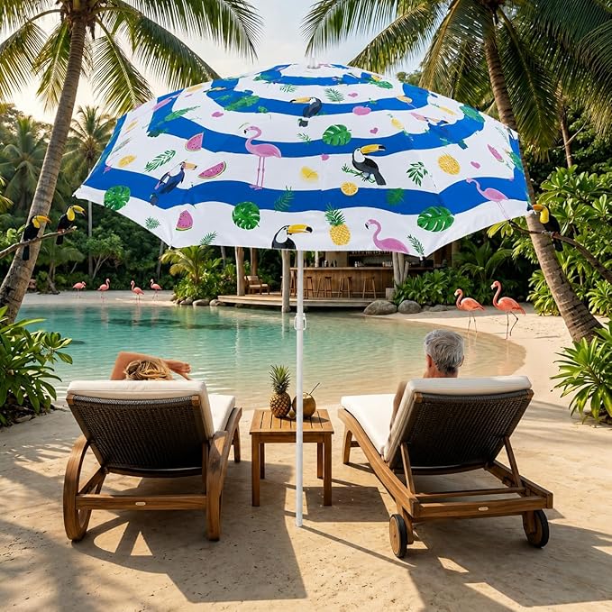 PMU 6 Pcs 6ft Tropical Beach Umbrella – Blue & White Stripes with Flamingo, Toucan & Leaf Print, 72in Open, 160G Polyester, Large Outdoor Patio Pool Parasol Umbrella for Garden, Deck, Backyard & Pool
