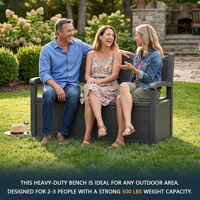 DRATO 75 Gallon Storage Bench Deck Box Outdoor Indoor,Lockable Durable All-Weather Seating with Hidden Storage,Deck Storage for Garden, Pool, Patio,Black