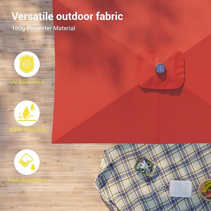 Rectangle Patio Umbrella with Solar Lights, 10 x 6.5ft Rectangular Outdoor Umbrella Table Market Patio Umbrella with Push Button Tilt and Crank for Garden, Deck, Backyard, Pool