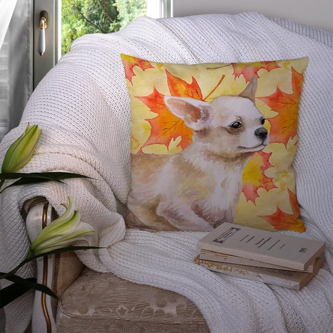 Caroline's Treasures BB9958PW1414 Chihuahua Leg up Fall Fabric Decorative Pillow, Yellow Machine Washable, Indoor Outdoor Decorative Pillow for Couch, Bed or Patio, 14Hx14W