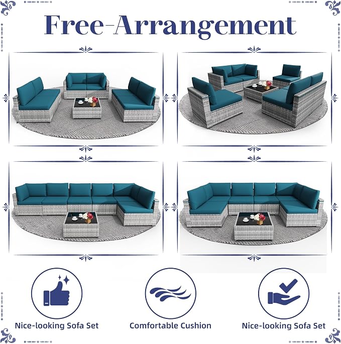 KIGOTY Patio Furniture Set,7 Pieces Modular Outdoor Sectional Sofa, PE Rattan Patio Conversation Set, All Weather Wicker Patio Furniture with Cushions and Coffee Table（Grey White/Peacock Blue）