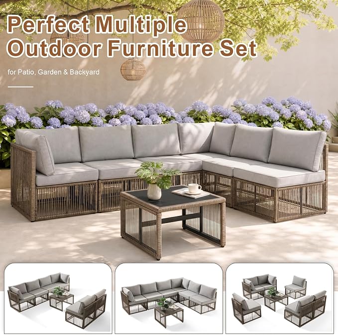 7 Piece Outdoor Patio Furniture Set, Wicker Sectional Sofa,Thick Cushions, All Weather Rattan Conversation Sets with Arm Chairs and Coffee Table for Backyard, Porch, Balcony, Deck, Garden