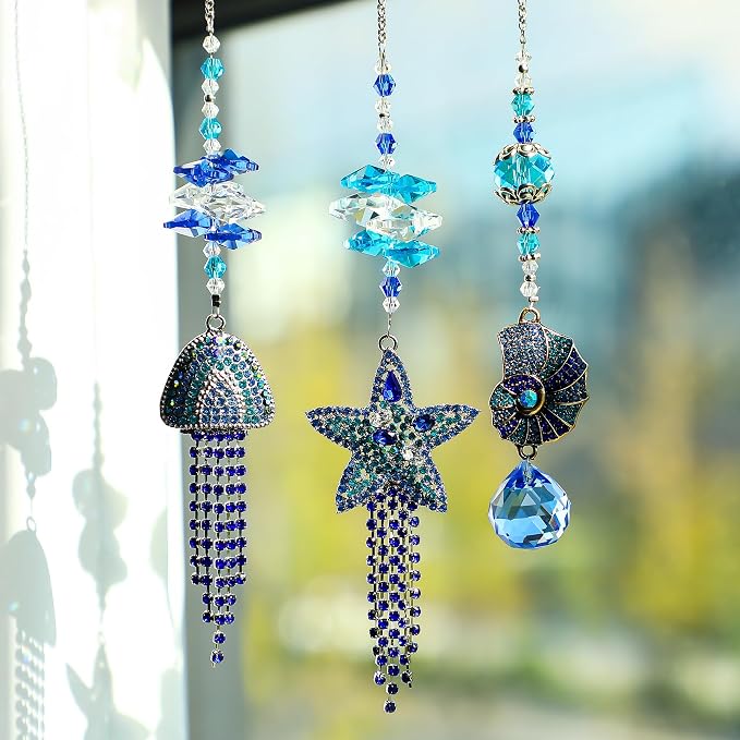 3 Pcs Rhinestone Crystal Ocean Suncatcher Pendants Window Decor | Rhinestone Crystal Suncatcher Pendants Starfish Jellyfish Conch with Beads Prism Hanging for Window Garden Wedding Decor