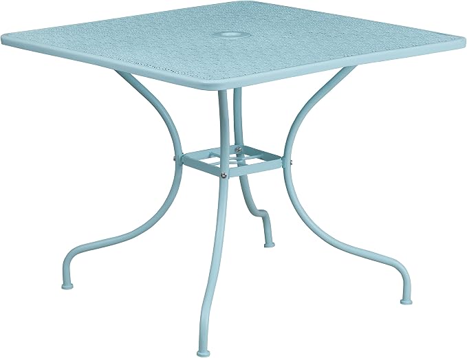 EMMA + OLIVER Commercial Grade 35.5" SQ Sky BL Indoor-Outdoor Steel Patio Table-Umbrella Hole